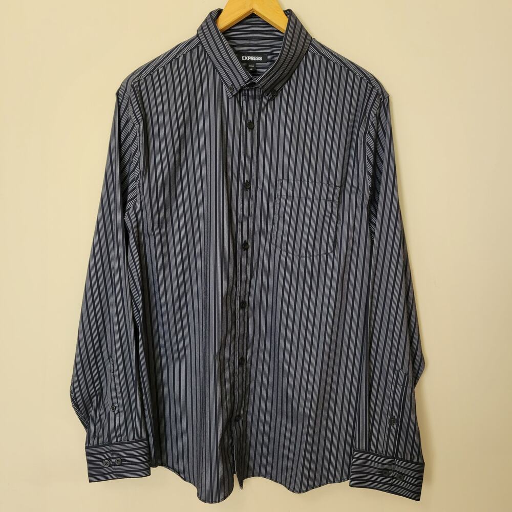 Express Men's L Button Down Shirt Long Sleeve 2 Button Cuff Pocket Black Stripe